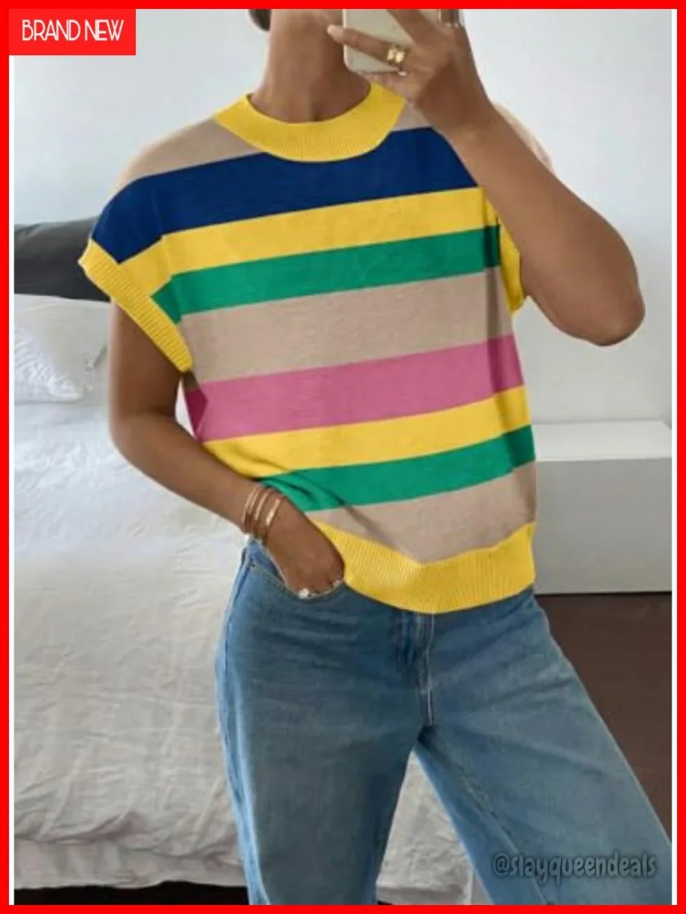 Cap Sleeve Knit Tank Top Crew Neck Pullover Summer Casual Loose Fit Sweater